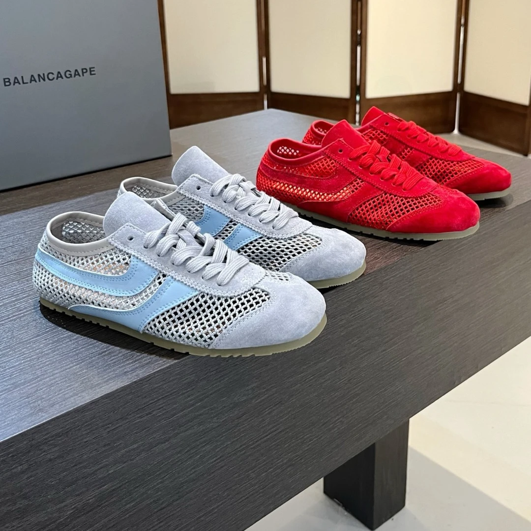 【增高2CM】真皮复古镂空透气德训鞋女新款夏季网面平底多巴胺运动