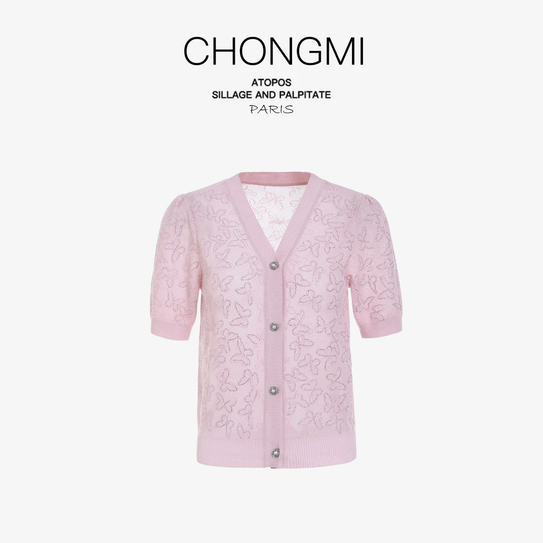 粉色镂空小香风短袖针织衫女士2025夏季时尚百搭休闲显瘦针织衫