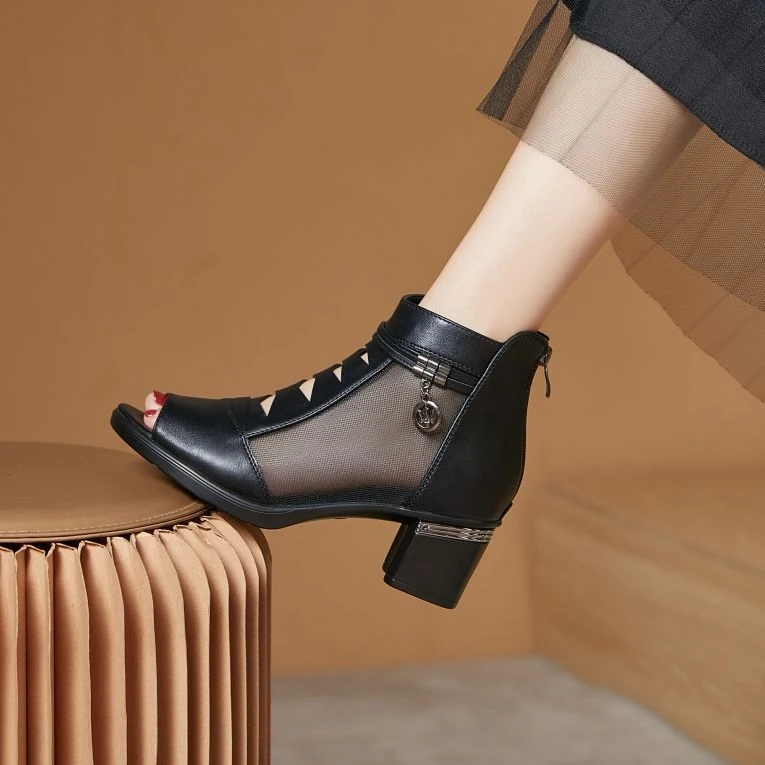 春夏季中跟网纱透气女士凉靴鱼嘴粗跟百搭高跟镂空时装凉鞋妈妈鞋