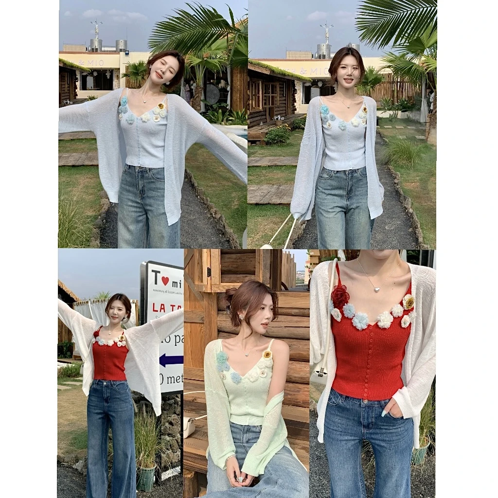 【花开半夏】甜辣多多吊带背心针织开衫两件套女夏季薄款设计感上衣