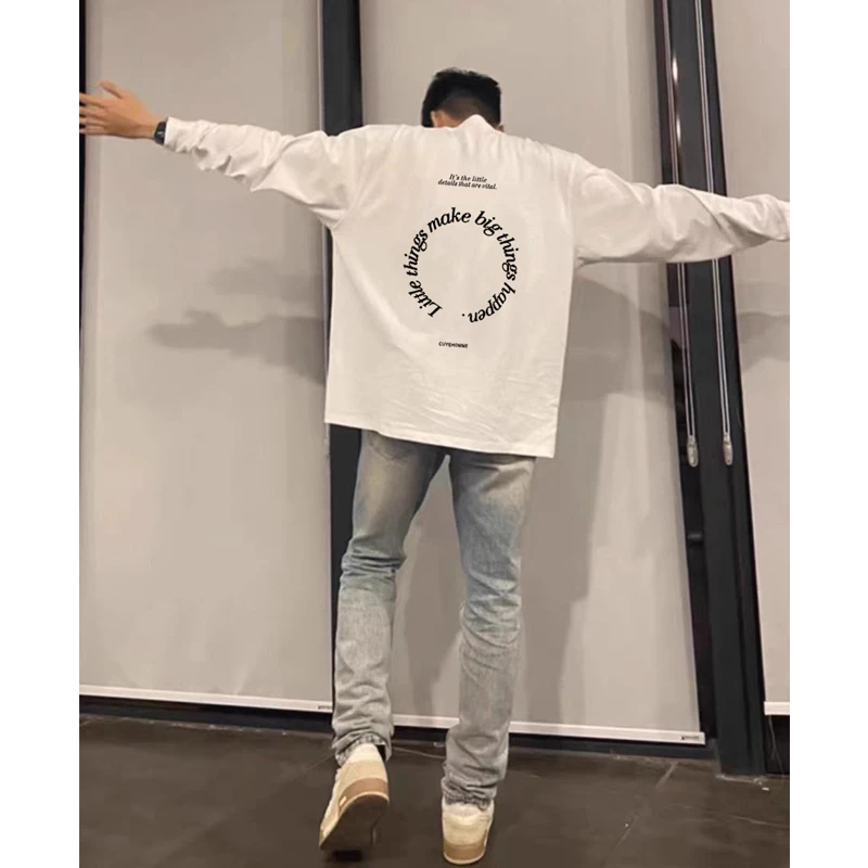 美式潮牌圆环印花长袖t恤男秋季设计感内搭重磅纯棉打底衫上衣ins