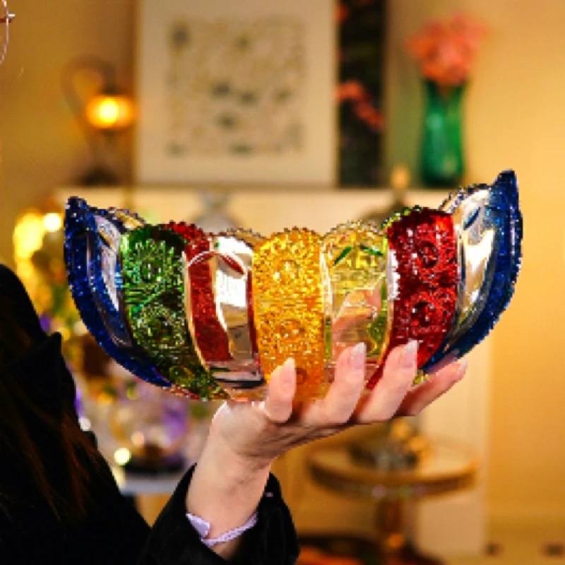 彩绘太阳花元宝碗五彩撞色水果干果糖果果斗家用复古轻奢大碗