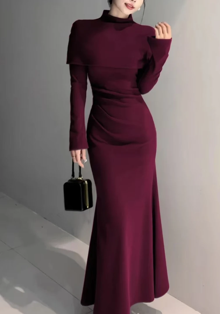 秋冬长袖德绒新款时尚套装优雅V领保暖显瘦鱼尾裙加同色系罩衫-3