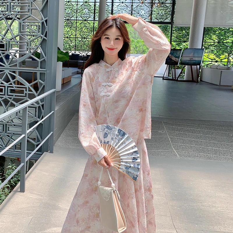 粉色碎花新中式国风套装裙女春季2025新款绝美清冷感禅意两件套