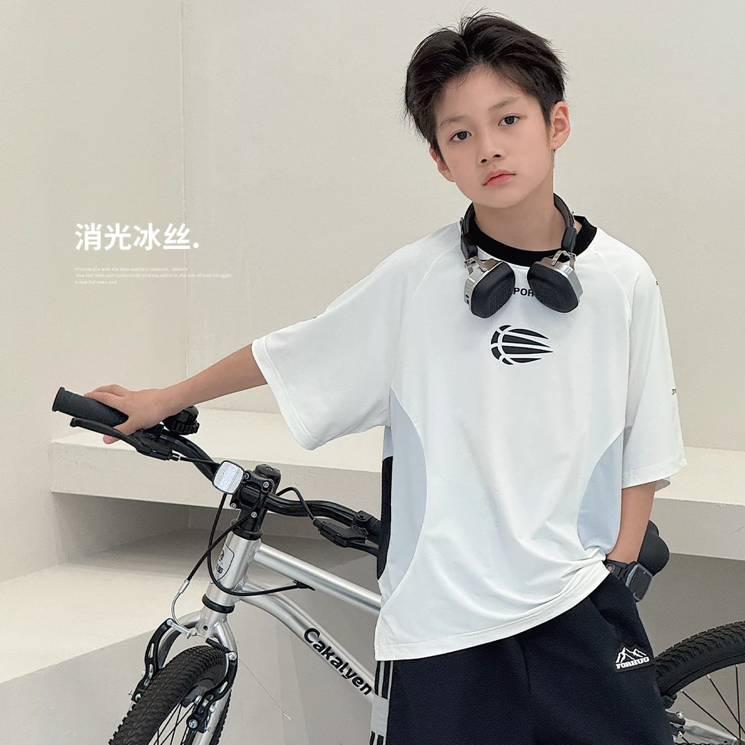【黑标】男童短袖T恤夏季洋气中大童冰感宽松半袖儿童上衣酷帅D2529