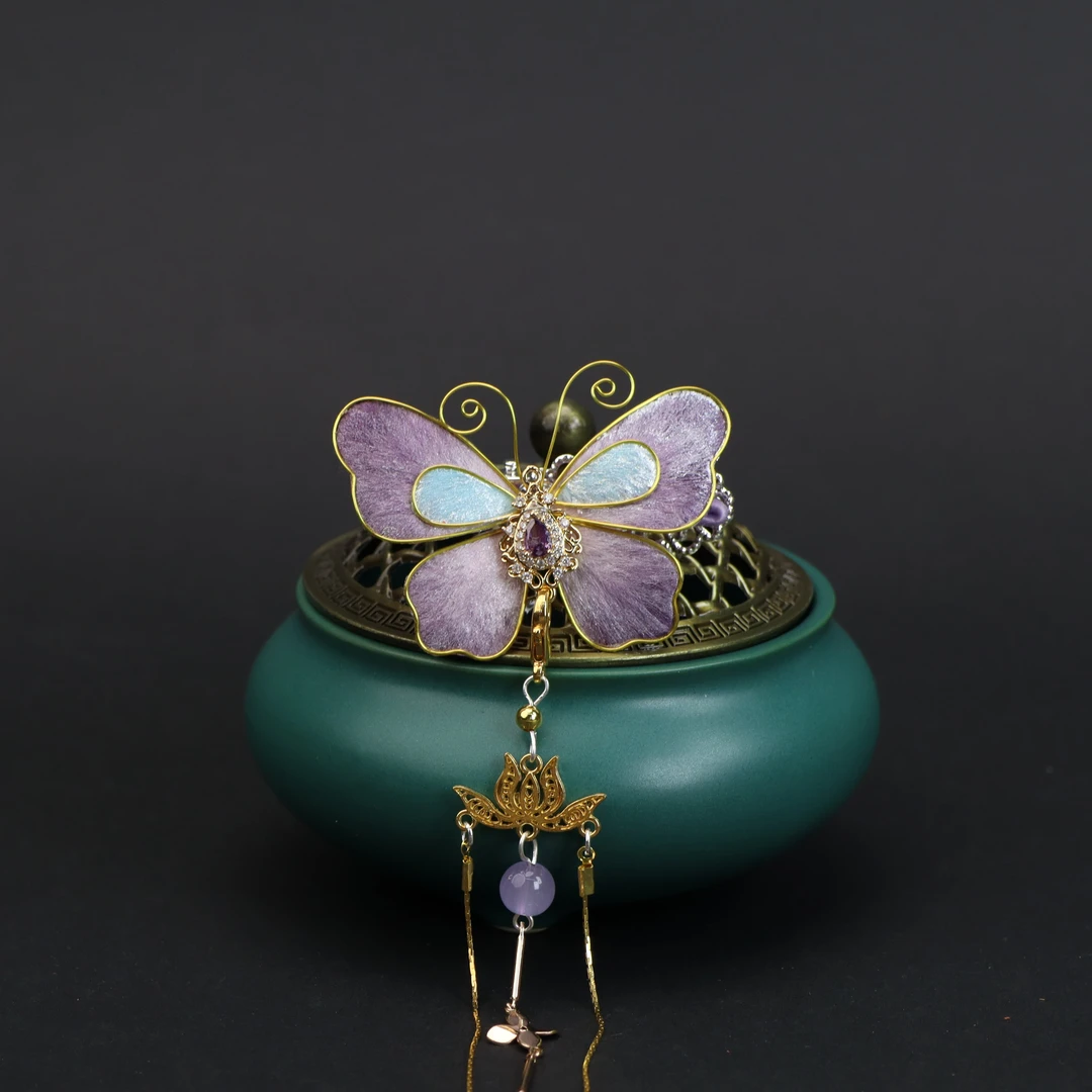 非遗绒花紫色蝴蝶发夹古风百搭头饰发饰超仙桑蚕丝