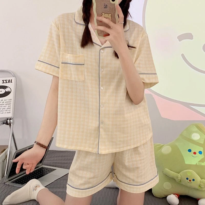 M834夏季简约宽松休闲甜美格子睡衣女甜美少女短袖薄款家居服睡衣