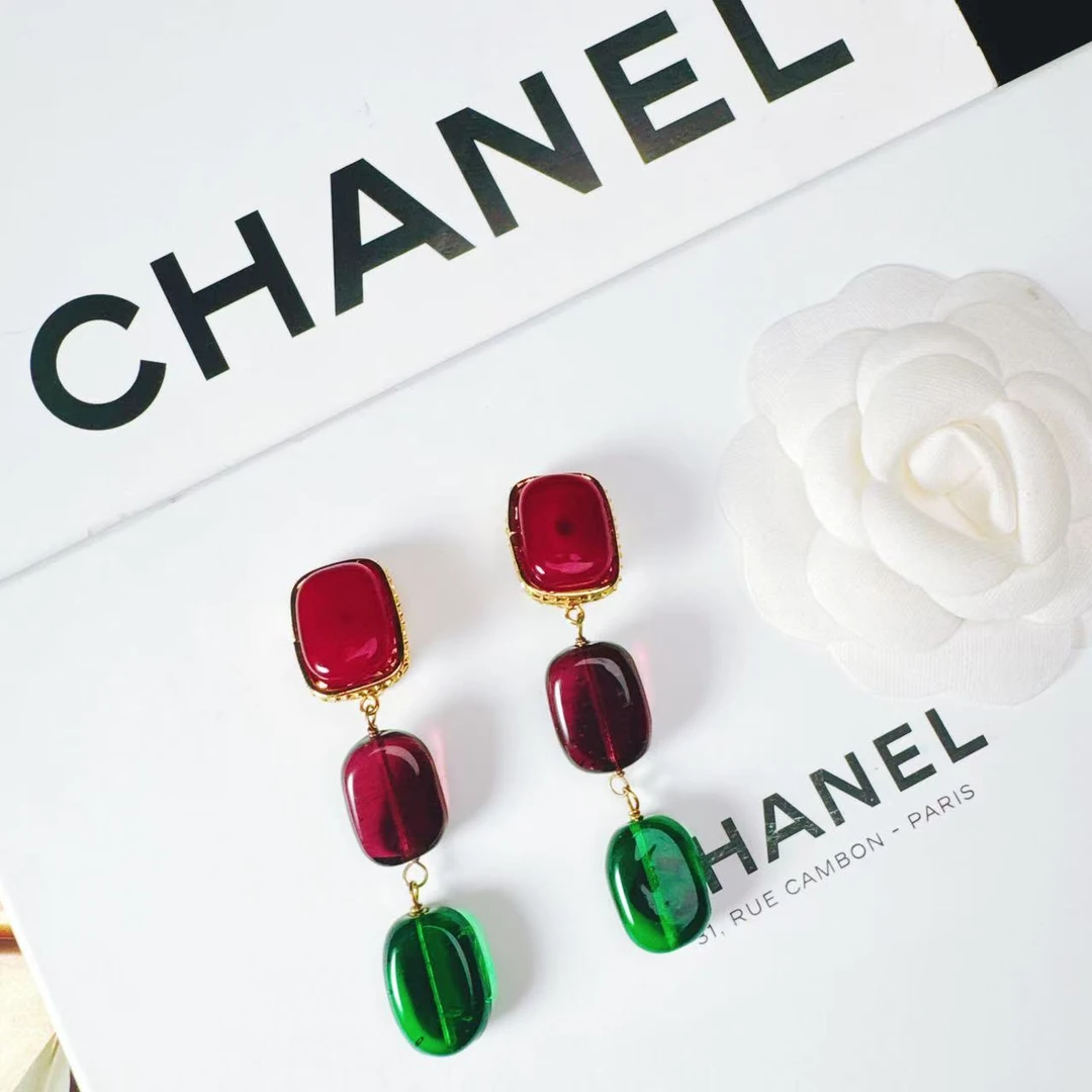 95新 Chanel/香奈儿 柚礼中古/香奈儿红绿冰糖雕花耳夹LZ506373