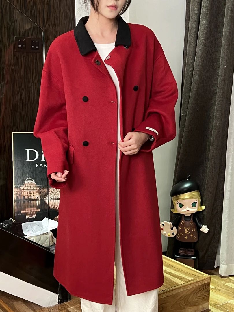 女V领不起球秋冬中长款毛呢外套不褪色保暖通勤