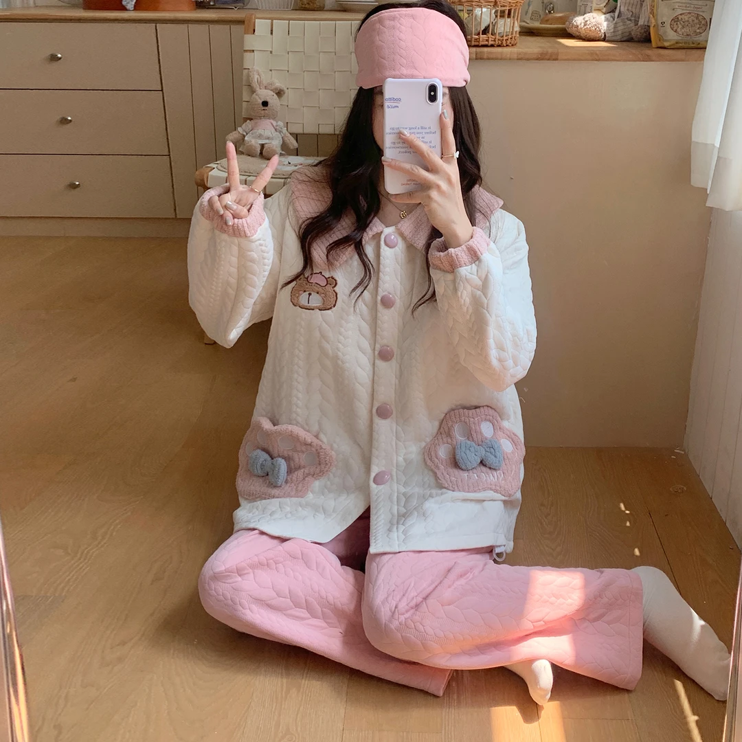 拆卸胸垫月子服秋冬季产后加厚款空气棉喂奶专用哺乳睡衣孕妇产妇