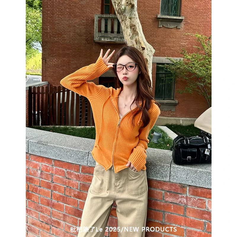 枇杷熟了 桔色帽衫全羊毛外套女2025新款显瘦亮色双头拉链针织衫