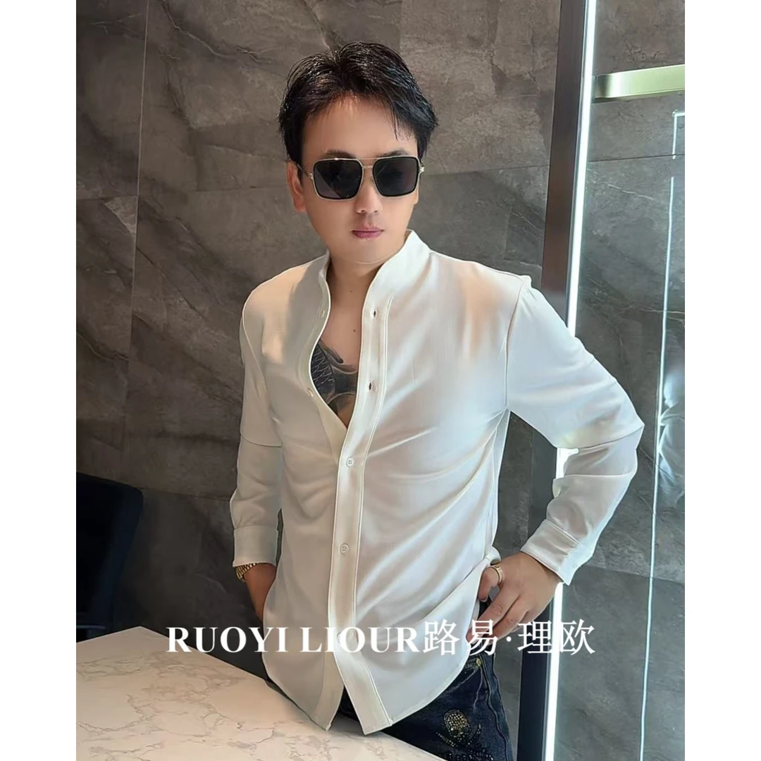 【路易理欧】男士立领长袖衬衫修身时尚高品质纯色V中式开领0422