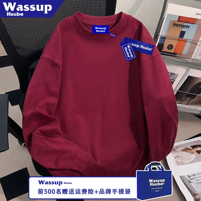 WASSUP HSUBE简约纯色酒红色T恤ins秋季男女小众上衣100%柔软长袖