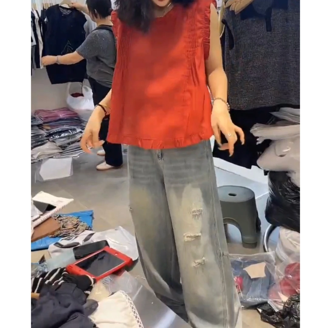 Y时尚百搭休闲潮流精品圆领木耳边女装上衣红色宽松