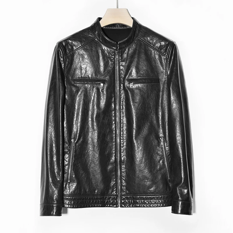 新款真皮皮衣油蜡小牛皮男款修身皮夹克时尚短款修身外套海宁2025