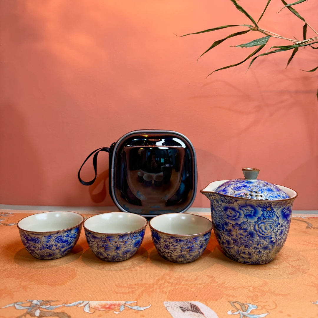 AA078青花汝窑一壶三杯便携珐琅彩ZF