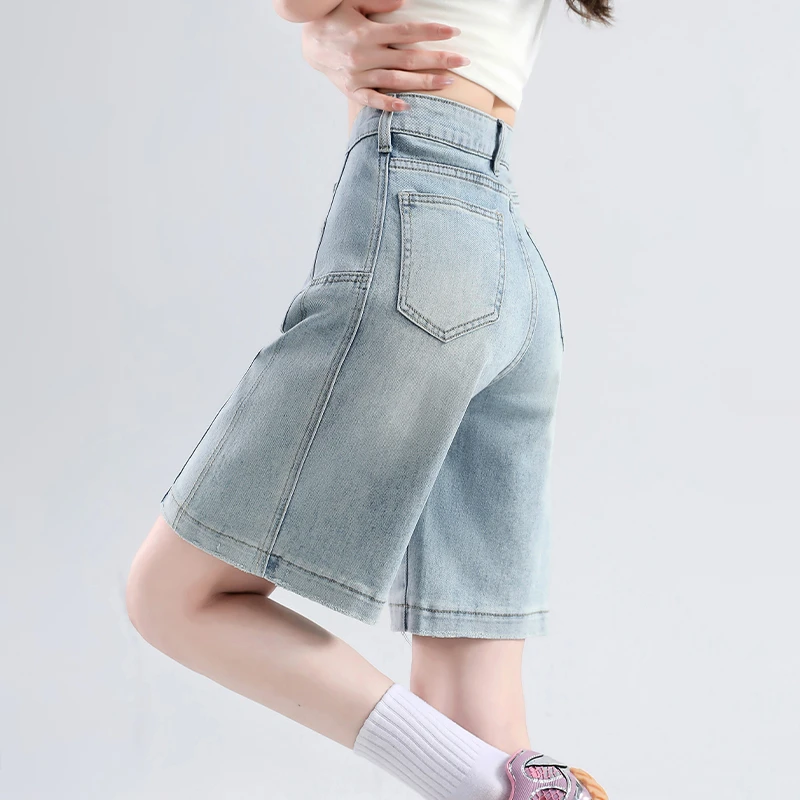 浅蓝色复古牛仔直筒短裤女夏季薄款2025新款显瘦宽松五分阔腿中裤