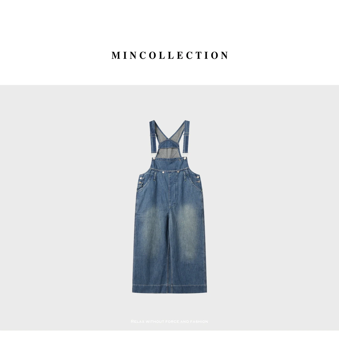 DE Mincollection复古仿旧褪色水洗休闲九分阔腿牛仔背带裤40382