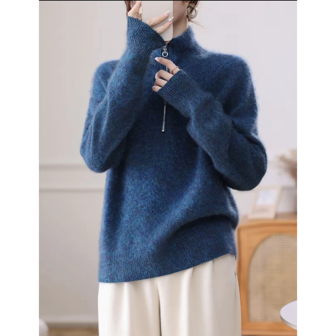 【蓝眼泪】立领半拉链花纱羊绒女秋冬加厚拉绒长袖宽松针织羊毛上衣