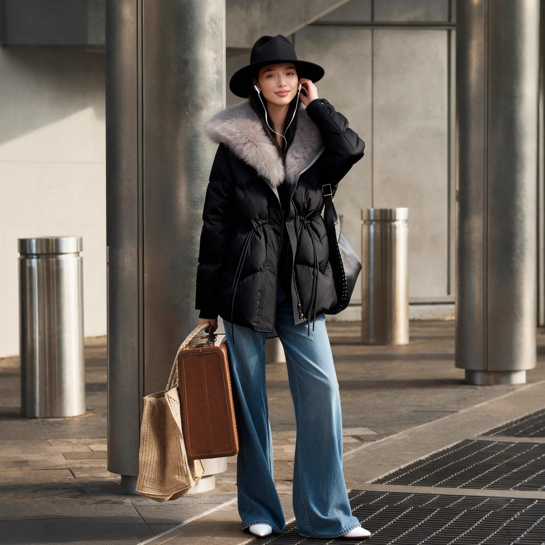 京都雪酪丨真狐狸大毛领收腰中长款90白鸭厚外套保暖7132