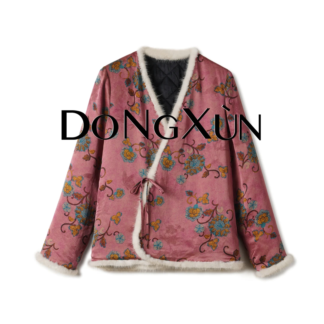 【百福外套】满分桑蚕丝香云纱拼色水貂镶边唐装羊绒服DX00017