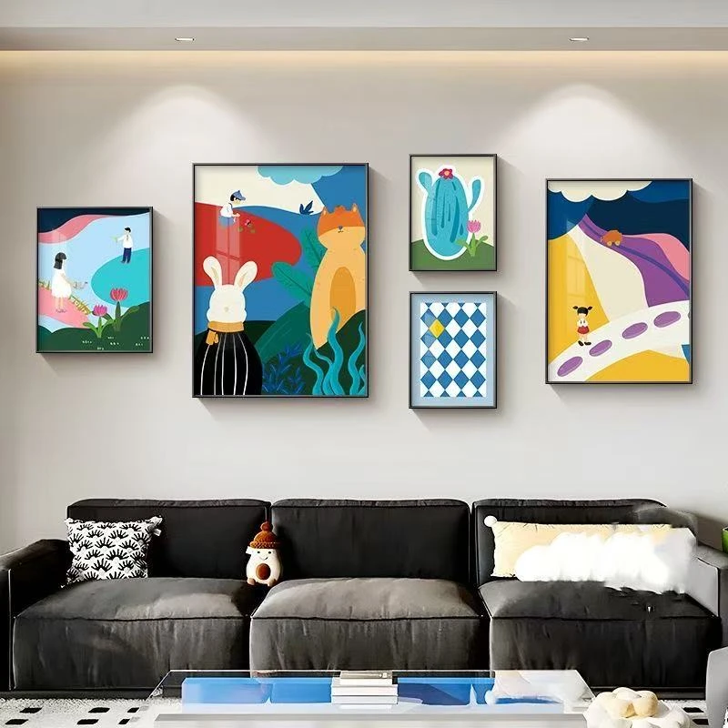 趣味多巴胺组合奶油风客厅装饰画卡通小众儿童房艺术卧室砂岩画