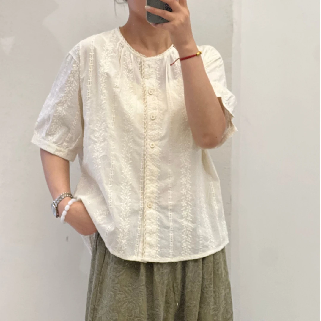 2025春夏新款高级刺绣纯棉面料小低圆领加纯棉花边短袖小开衫