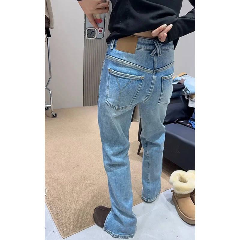 2025秋冬新款加绒厚款阔腿牛仔裤女小个子大码修身窄版开叉直筒裤