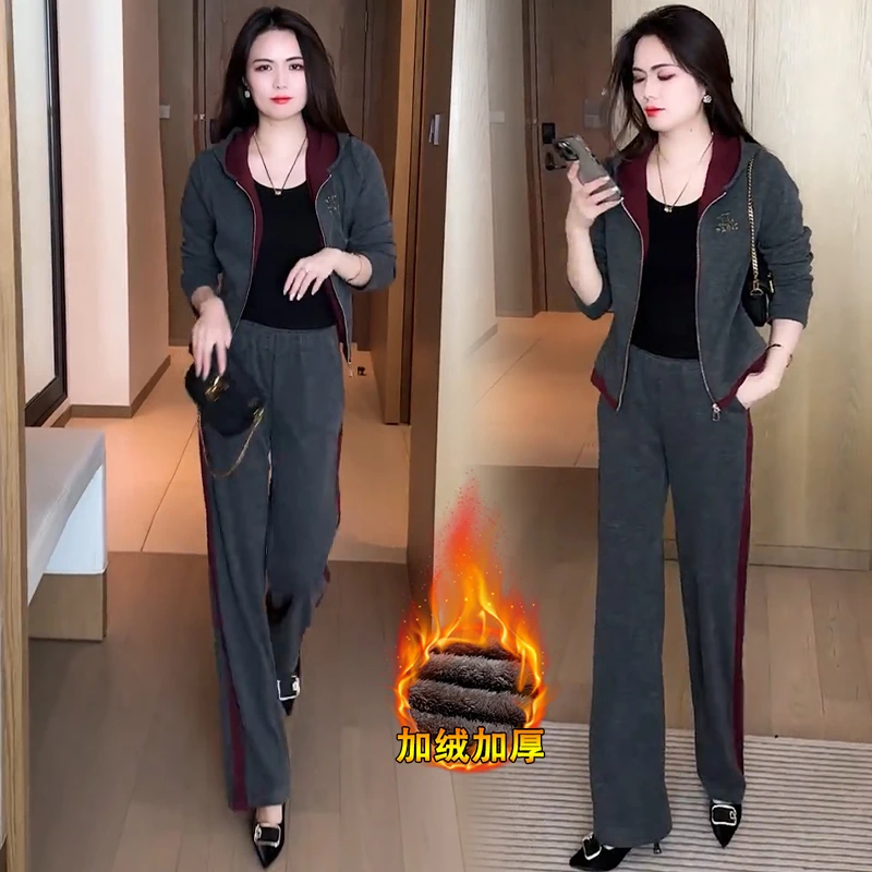 时尚休闲运动套装女士洋气短外套春秋新款小个子显瘦阔腿裤两件套