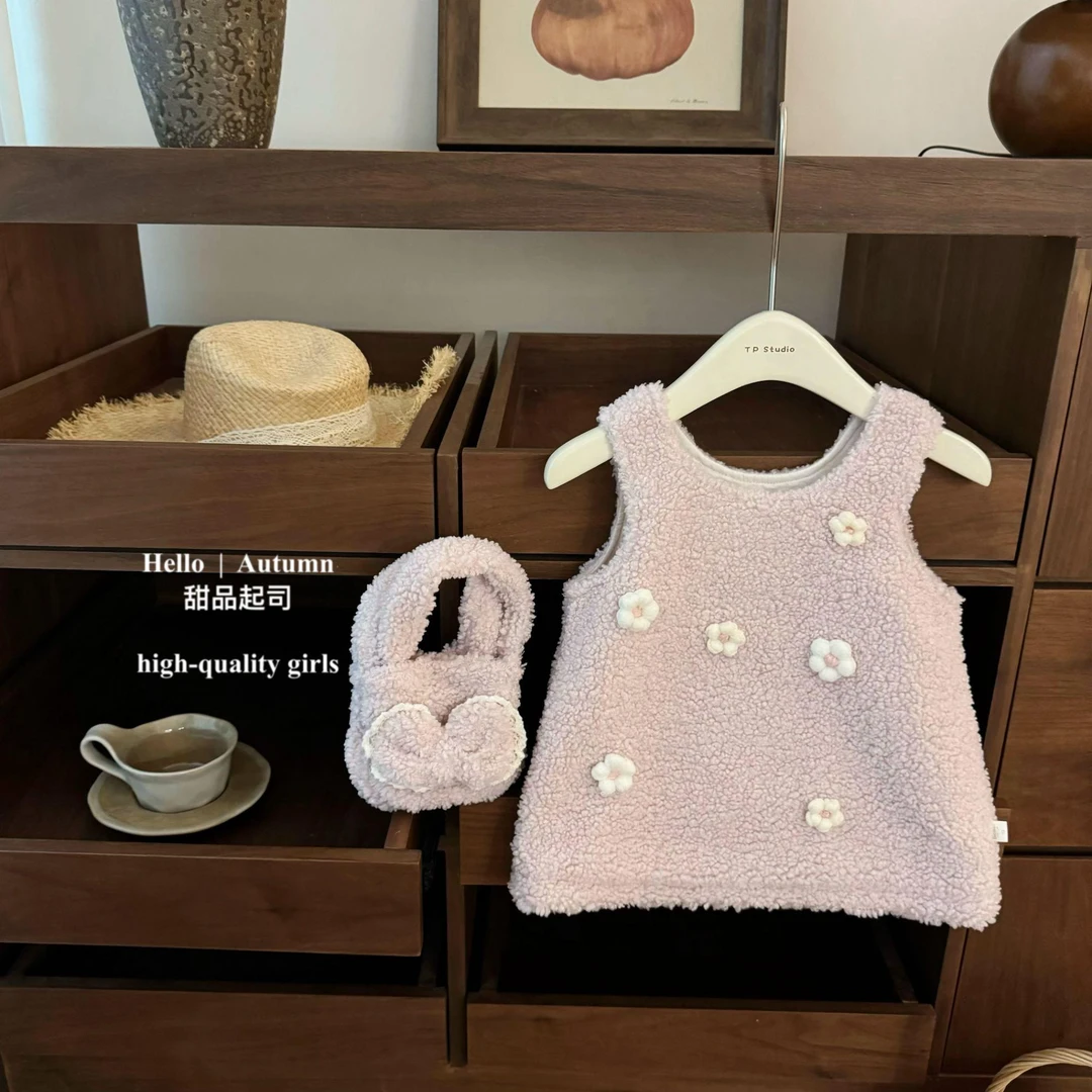 韩系甜美花朵加绒背心裙冬季洋气公主套装