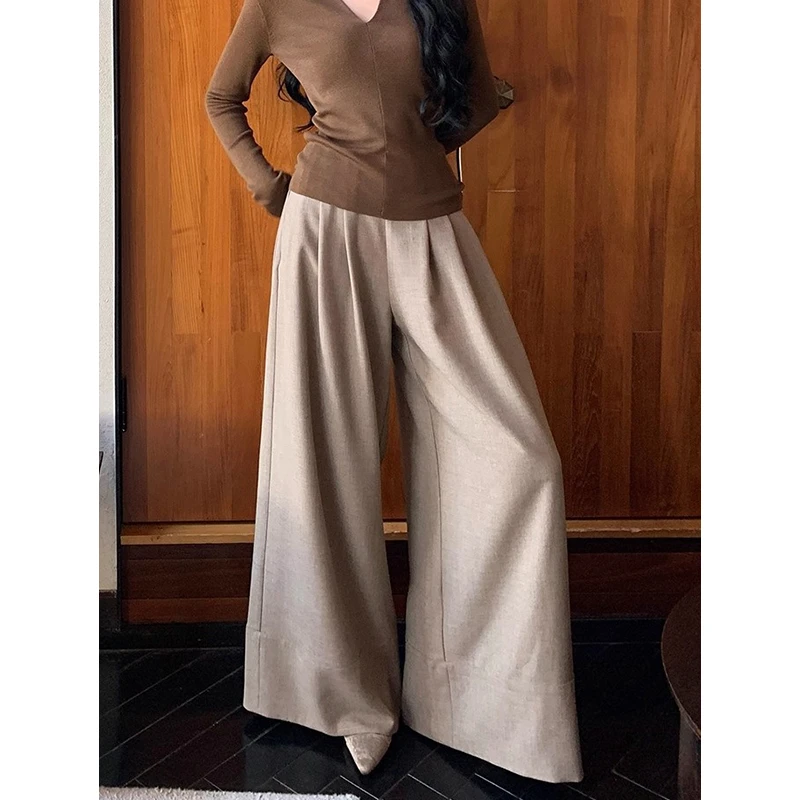 耶古复古卡其色西装裤女秋季新款高腰垂坠感压褶梧桐裤宽松阔腿裤