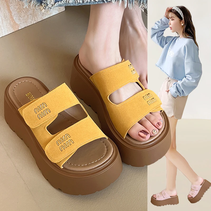 粉色厚底勃肯拖鞋女外穿懒人魔术贴2025春夏季新款增高凉拖鞋潮