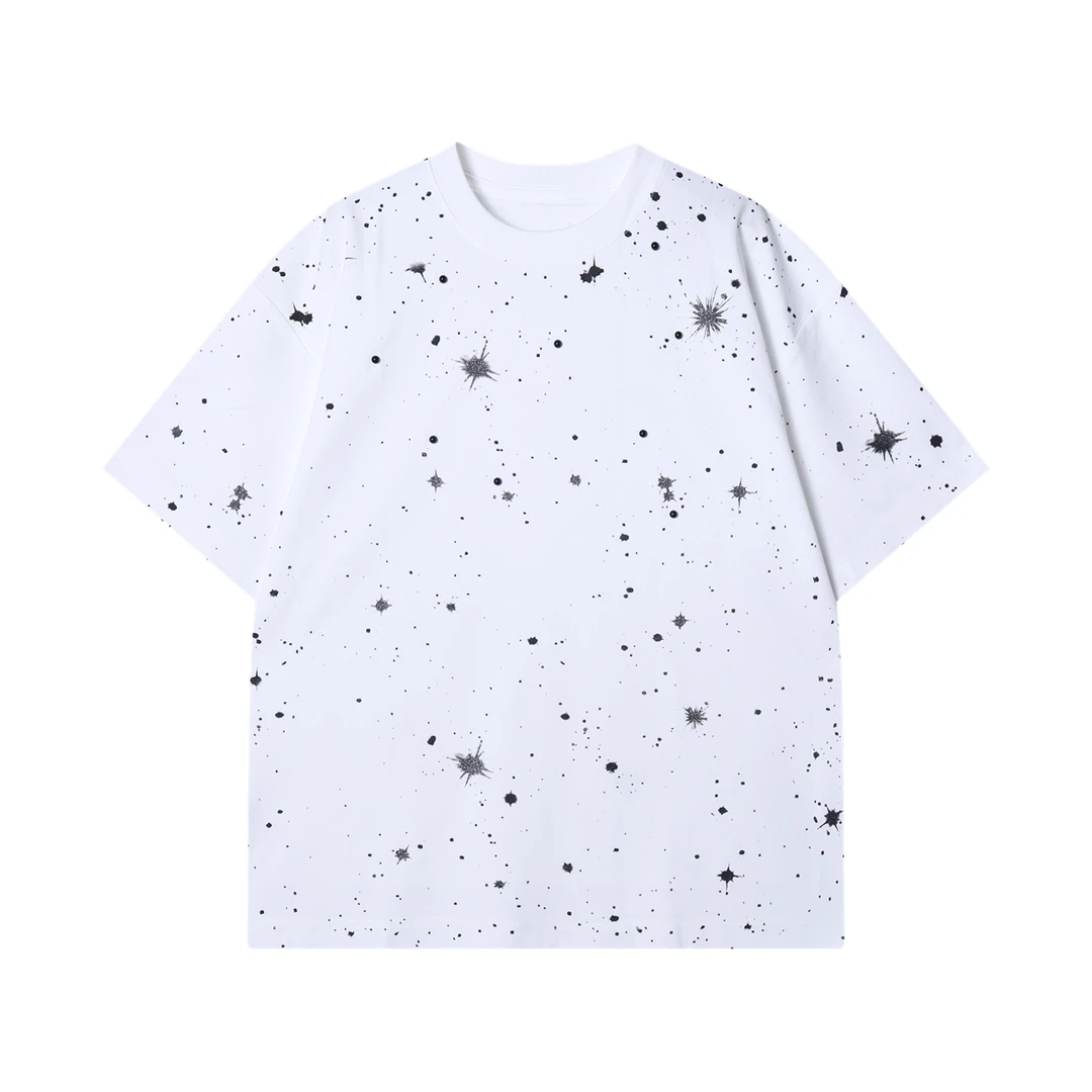 夏季高级感新款韩系满印泼墨圆领短袖T恤简约宽松潮流套头上衣