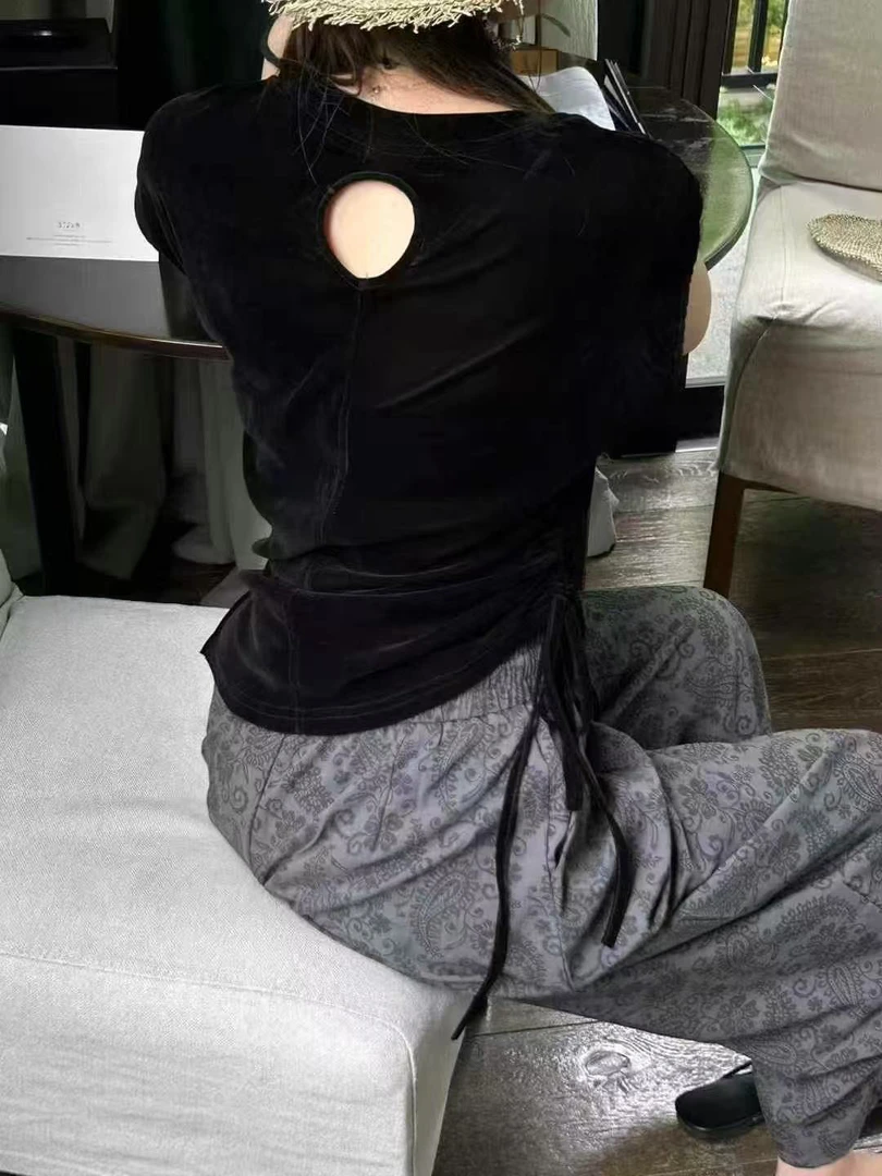 韩版抽绳T恤女短袖微透打底衫金丝绒2025夏季款洋气外穿薄上衣