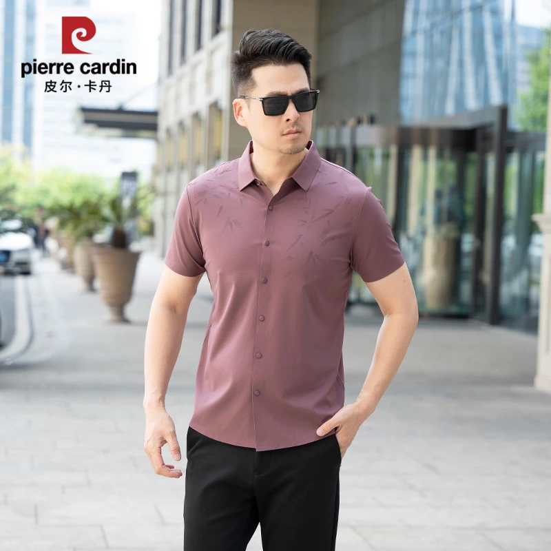 皮尔卡丹中国风休闲短袖衬衫男士上衣夏季薄款透气翻领免烫衬衣