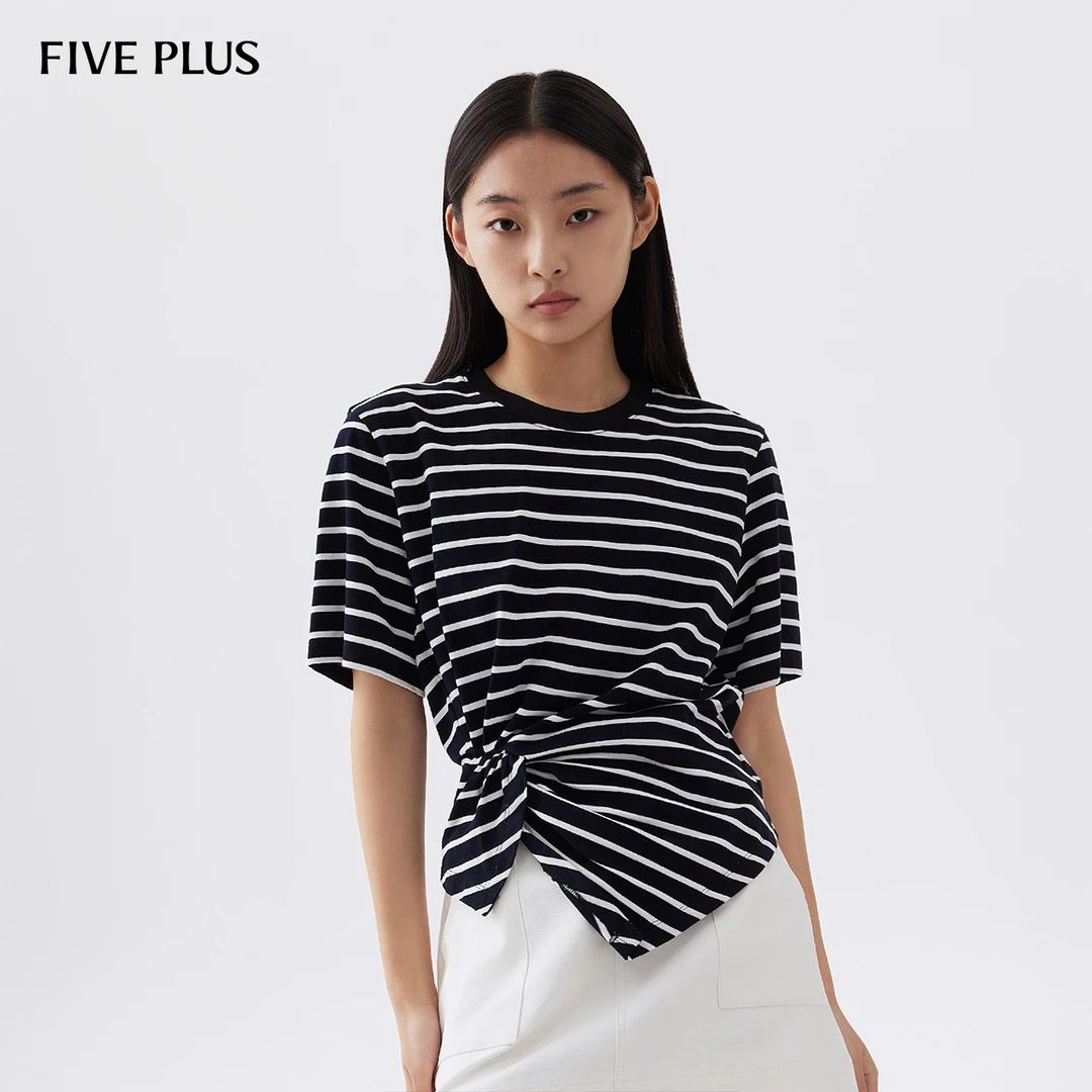 FIVE PLUS秋装T恤女短袖条纹上衣收腰不规则套头衫纯棉2LN3020210