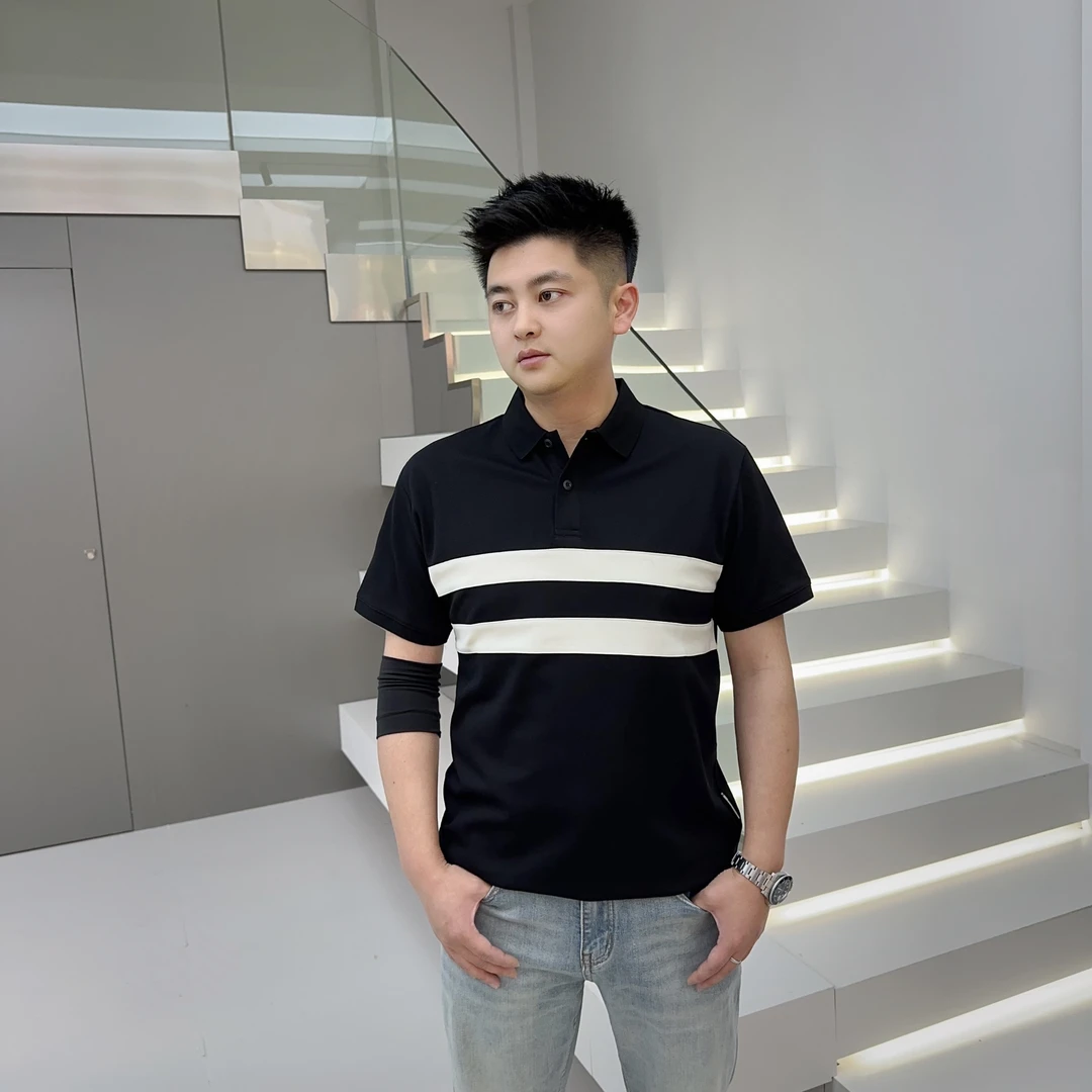 夏季条纹拼色几何Polo衫轻奢百搭短袖5611