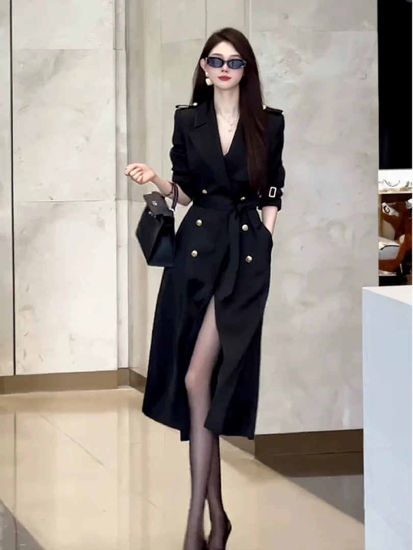 2025春秋季新款气质收腰显瘦翻领系带双排扣长袖中长款风衣外套女