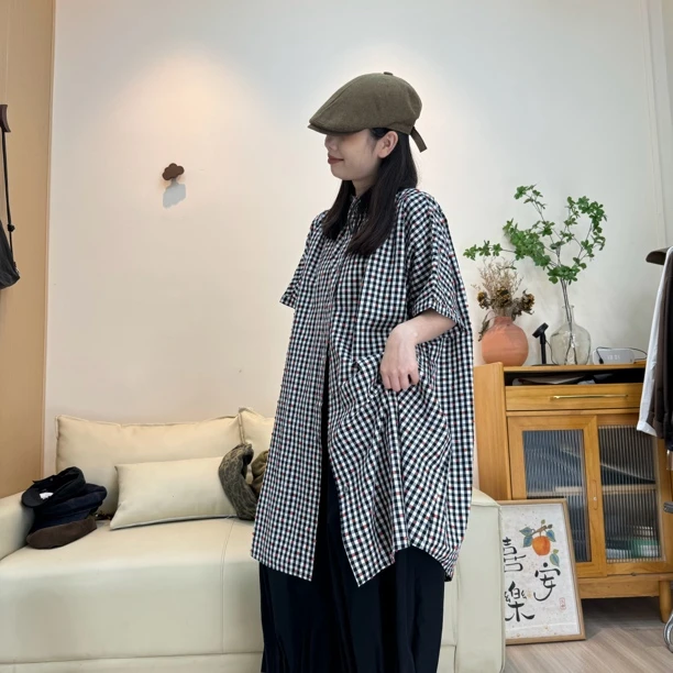 宽松显瘦百搭夏季中长重工刺绣格子衬衫