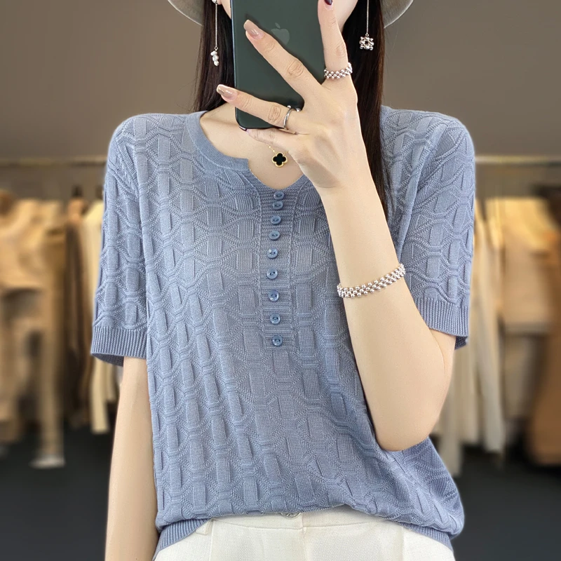 莱赛尔天丝~清凉舒适夏季V领针织短袖显瘦气质时尚百搭纯色套头