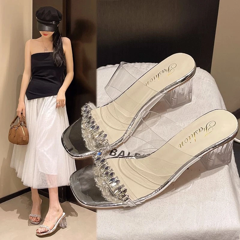 夏季新款水晶粗跟水钻气质仙女风透明外穿拖鞋凉拖女外穿一字带