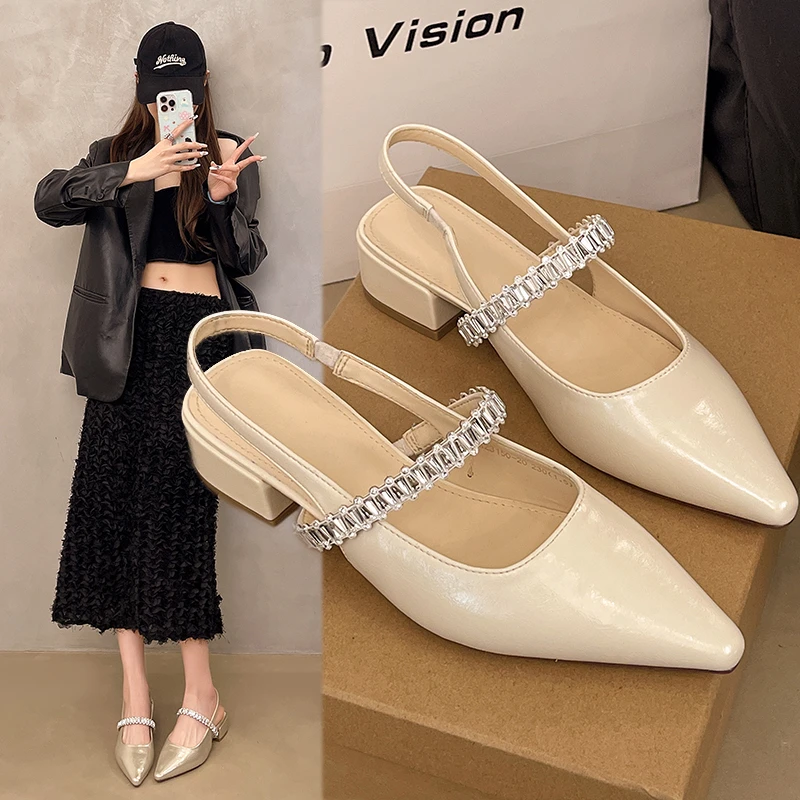 2025年夏季新款女鞋尖头粗跟玛丽珍水钻气质性感百搭后空包头单鞋