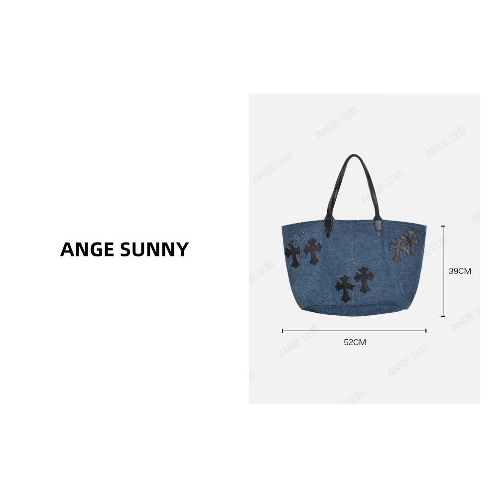 ANGE SUNNY【奚梦瑶同款 十字标牛仔包】宝剑拉链牛皮托特包