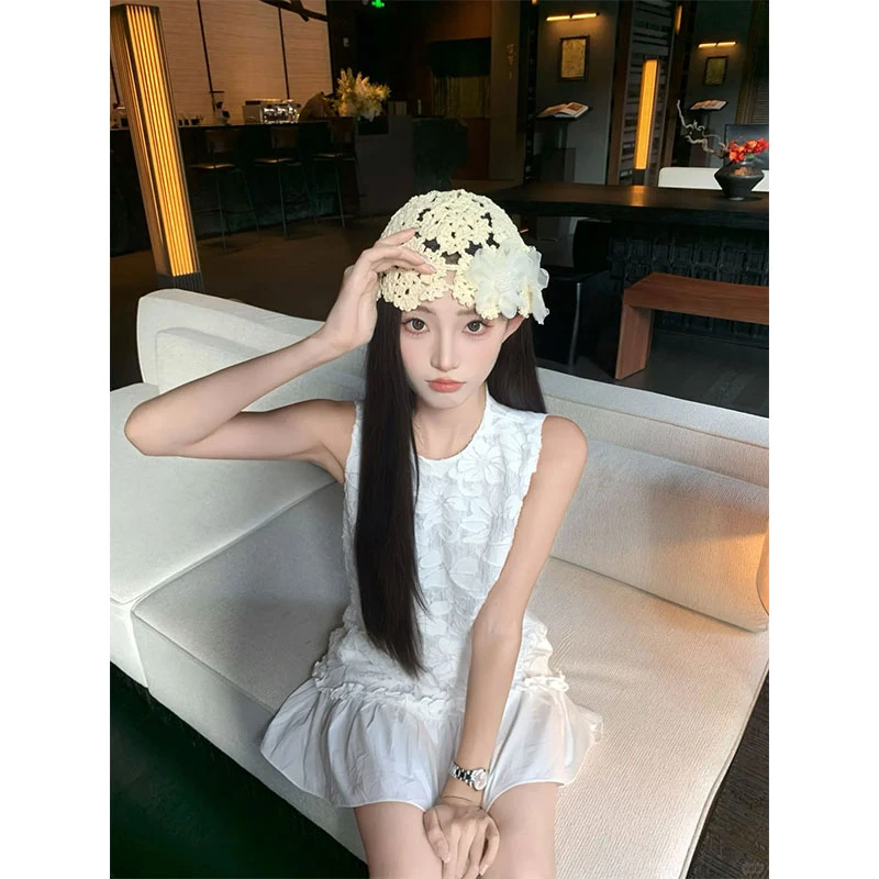 2025夏季新款ins法式重工立体镂空蕾丝花边连衣裙女纯欲短裙子