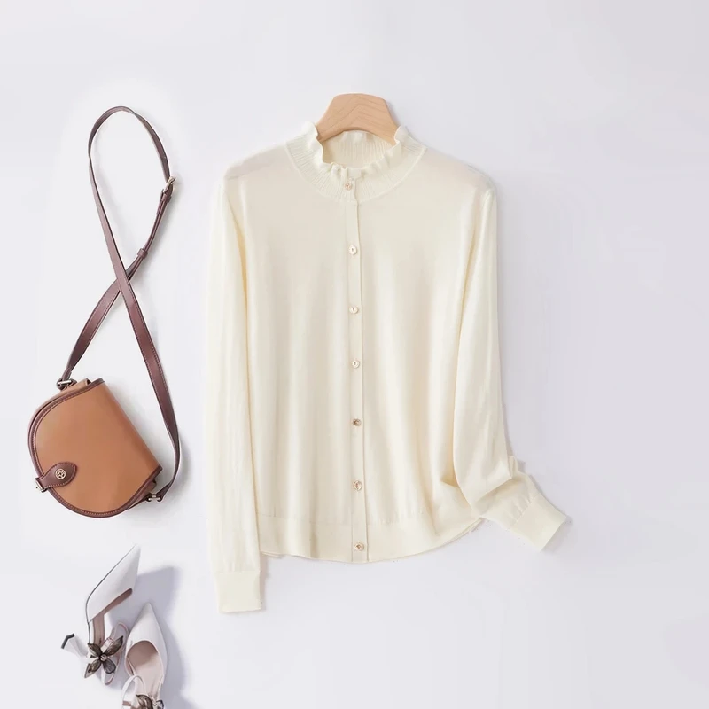 【精仿羊毛】设计感花瓣领衬衣 女士薄款温柔木耳边开衫