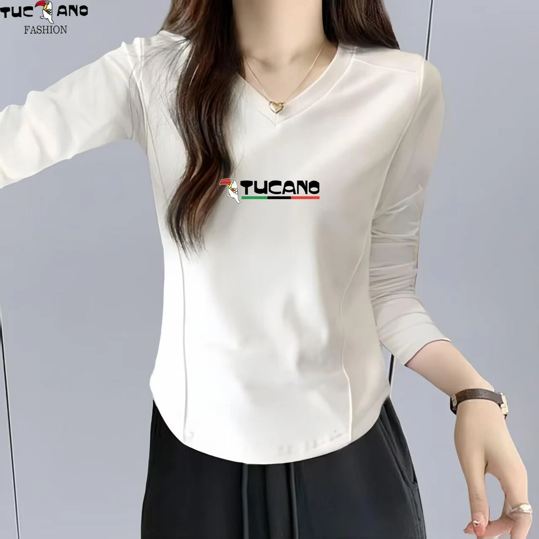 啄木鸟V领时尚设计妈妈款打底衫女休闲长袖T恤小个子内搭显瘦短款