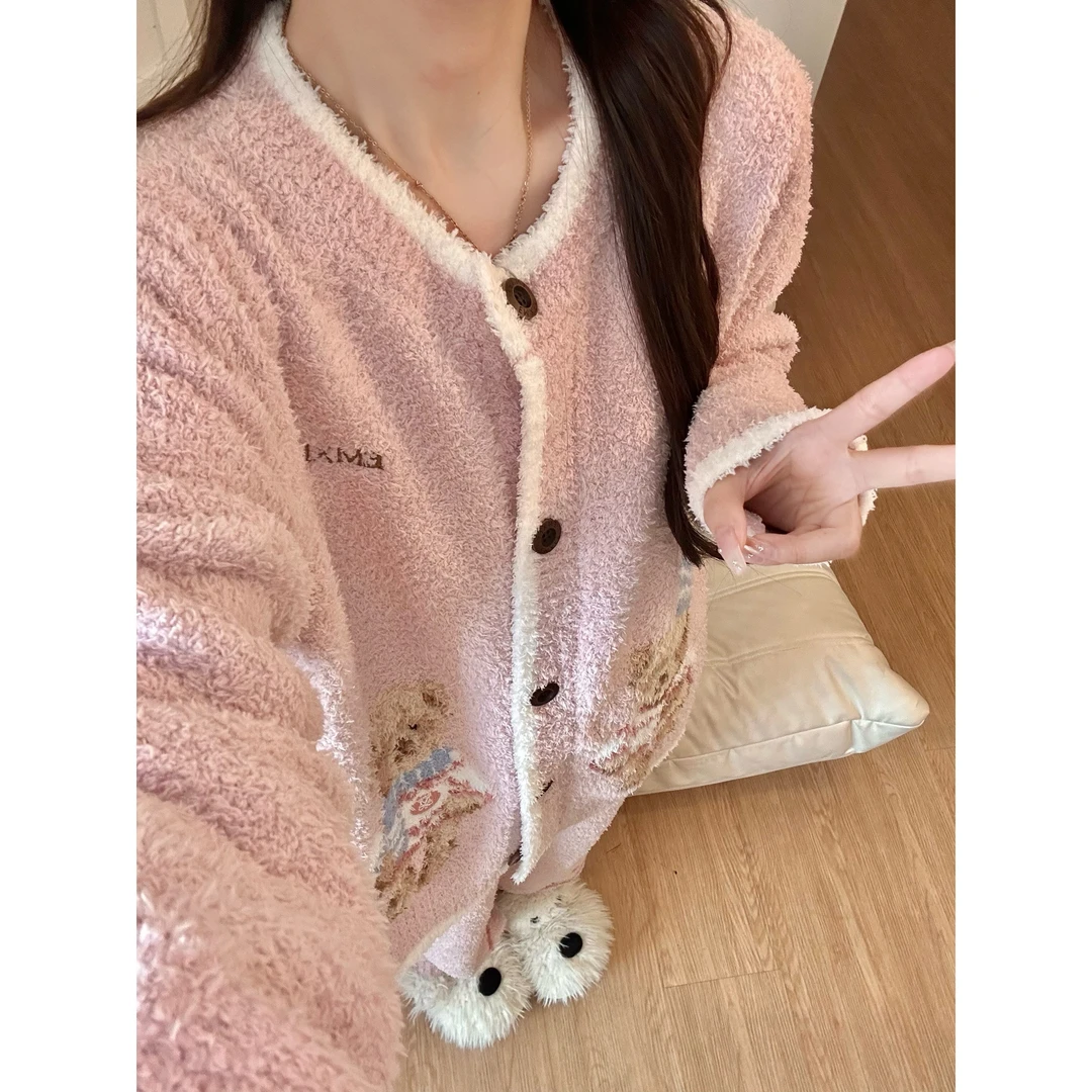 软萌少女卡通小熊半边绒睡衣女款冬季甜美开衫毛绒保暖家居服套装