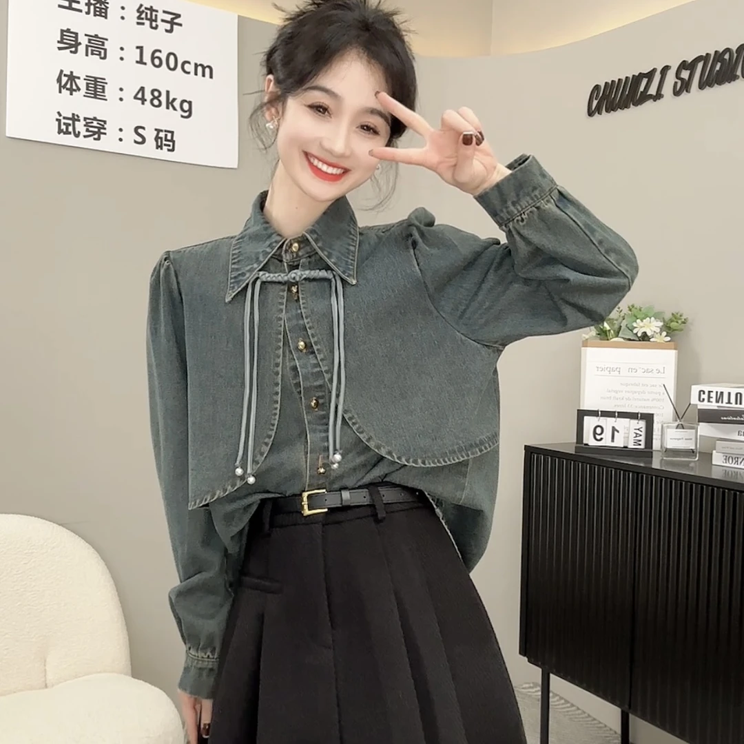 时尚韩版气质衬衫复古港风盘口牛仔衬衣【9839】