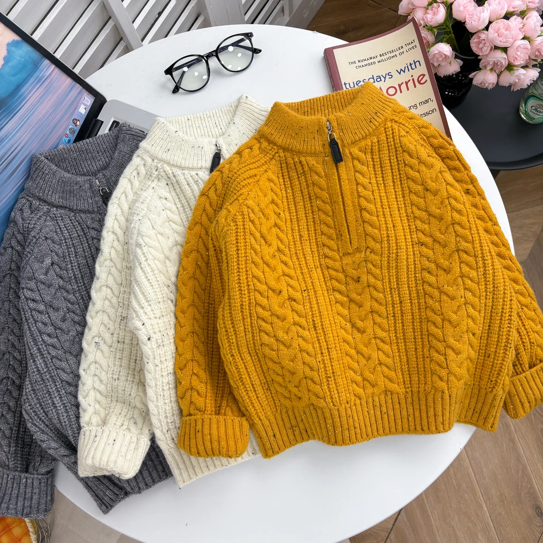 儿童半拉链套头毛衣秋冬新款极简风纯色洋气百搭男女童加厚针织衫