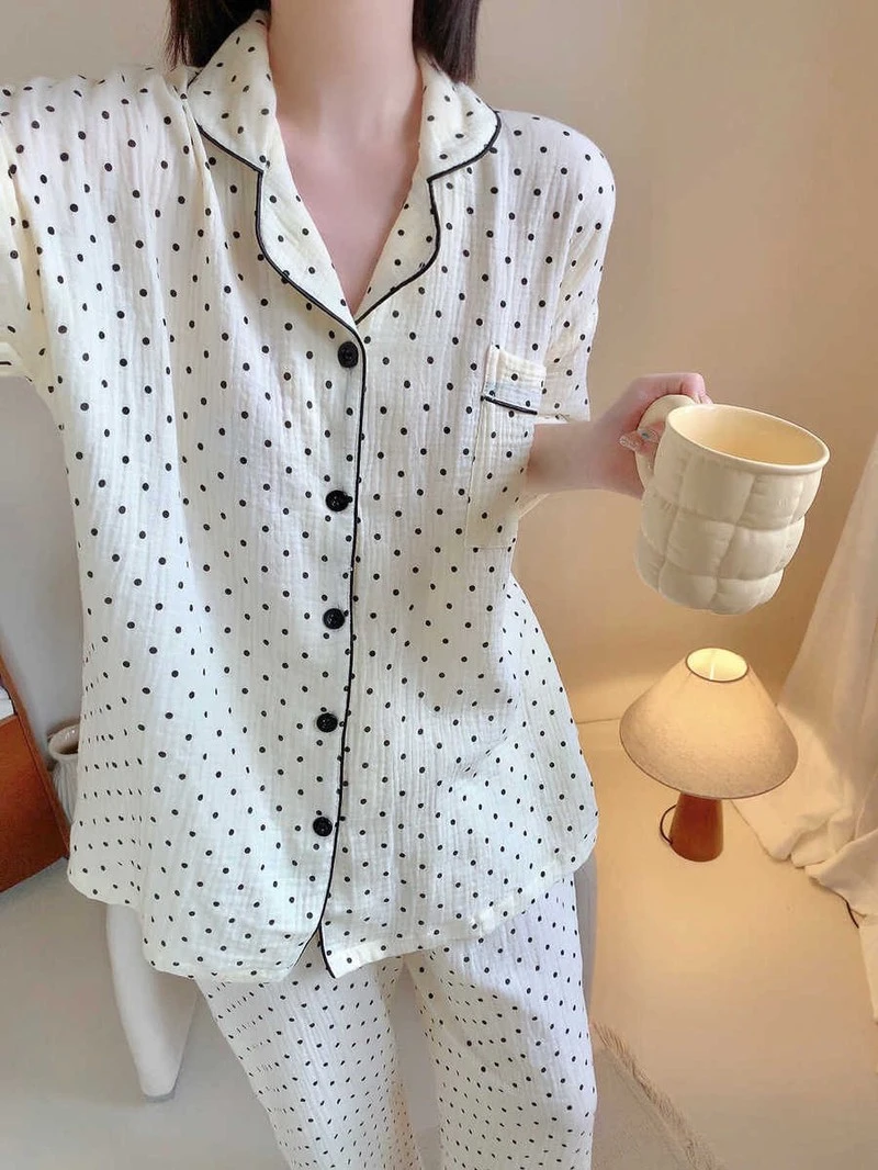 大码波点短袖长裤夏天睡衣女款2024新款夏季棉纱套装家居服可外穿